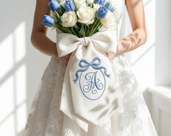 Personalized Monogram Bouquet Sash, Custom Embroidered Wedding Ribbon Wrap, Satin Bridal Crest Bow, Something Blue Wedding Keepsake Gift