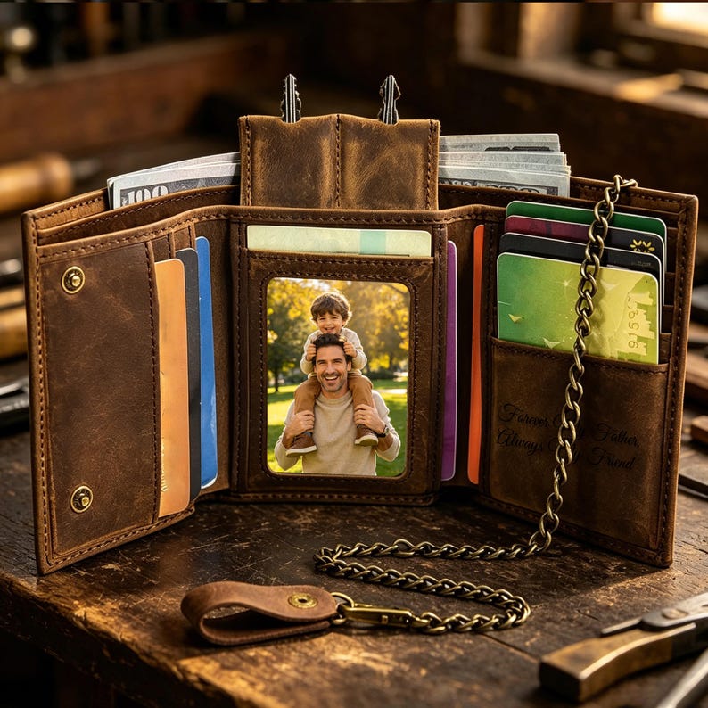 May include: Brown leather wallet with multiple card slots, a photo window, and a chain. The wallet is open, revealing cash and cards. The text "Forever & Father Always & Friend" is visible on the wallet.