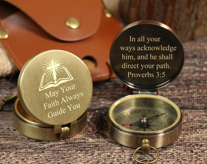 Engraved Christian Baptism Compass: Personalized with Cross/Verse/Name, Vintage Working Pocket Design