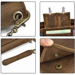 May include: Close-up shots of a brown leather wallet with a chain and clasp. The wallet has multiple compartments, including a key holder and card slots. The leather has a distressed look, and the hardware is antique brass.