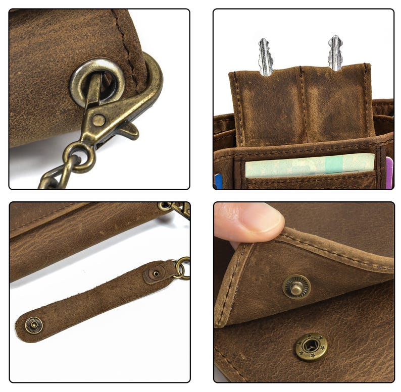 May include: Close-up shots of a brown leather wallet with a chain and clasp. The wallet has multiple compartments, including a key holder and card slots. The leather has a distressed look, and the hardware is antique brass.