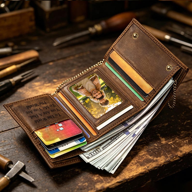 May include: Open brown leather wallet with a chain, filled with cash and cards. The wallet has a photo and the inscription "To The World You Are A Dad, To Me You Are The World."