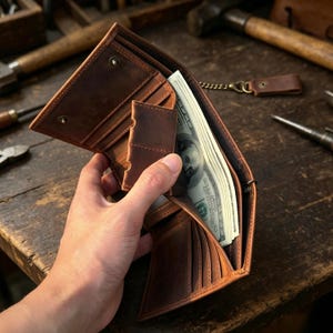 May include: Open brown leather wallet filled with US dollar bills. The wallet has multiple compartments and is held open, showcasing its contents. A leather keychain with a chain is visible in the background.