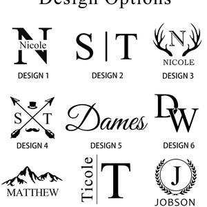May include: A graphic featuring nine design options for personalization. The designs include monograms, names, and symbols such as antlers, arrows, and mountains. The text "Design Options" is at the top.