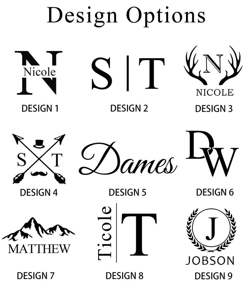 May include: A graphic featuring nine design options for personalization. The designs include monograms, names, and symbols such as antlers, arrows, and mountains. The text "Design Options" is at the top.