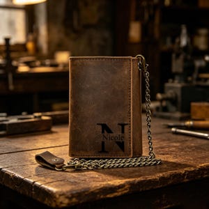 May include: A brown leather wallet with a chain attached. The wallet has the initials "NT" and the name "Nicole" engraved on the front. The wallet is sitting on a wooden surface.