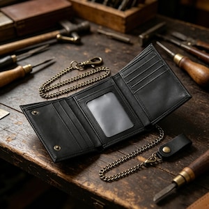 May include: Black leather trifold wallet with a brass chain and clasp. The wallet is open, revealing card slots and an ID window. The chain is attached to the wallet with a snap closure. The wallet is on a wooden surface with tools in the background.