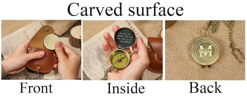 May include: A vintage-style brass compass with a leather case. The compass features a detailed face and a chain. The back of the compass is engraved with the name "Michael" and the letter "M". The text "Carved surface" is at the top.