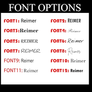 May include: A black and white graphic displaying "FONT OPTIONS" at the top. Below, twelve font options are shown, each labeled "FONT" followed by a number and the name "Reimer" in various styles and colors, including red.