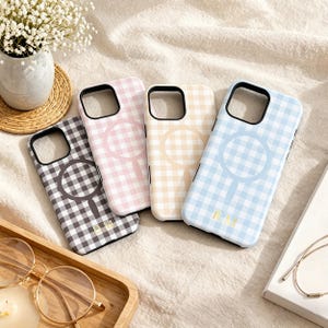 Personalized Pastel Gingham Checkered Monogram Initials Case for iPhone 17 16 15 14 Pro Max , Elegant Embossed Gift for Her