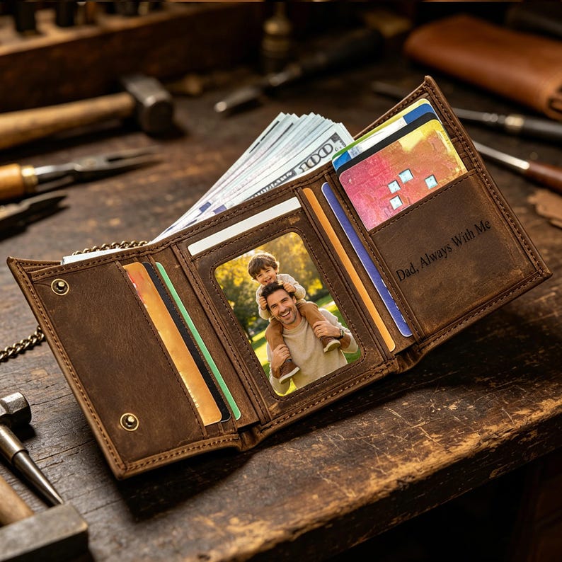 May include: Open brown leather wallet with multiple card slots, a photo, and cash. The wallet is embossed with the text "Dad, Always With Me". The wallet is open, revealing a photo of a man and a child.
