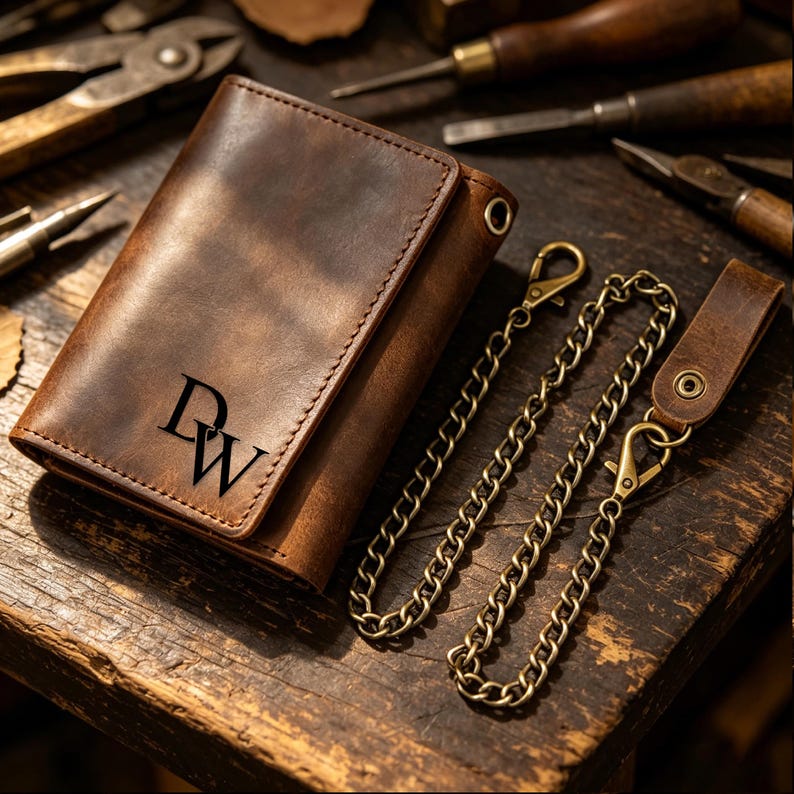 May include: A brown leather wallet with a chain, featuring the initials "DW" in black. The wallet has a flap closure and a metal chain with clasps. The background includes tools on a wooden surface.