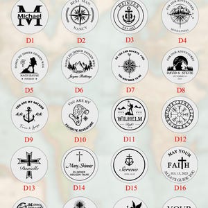 May include: A collection of cufflinks with various designs and text. The cufflinks are round and feature images such as anchors, compasses, and text like "Michael" and "Serena". The text "CUFFLINKS STYLE OPTIONS" is at the top.