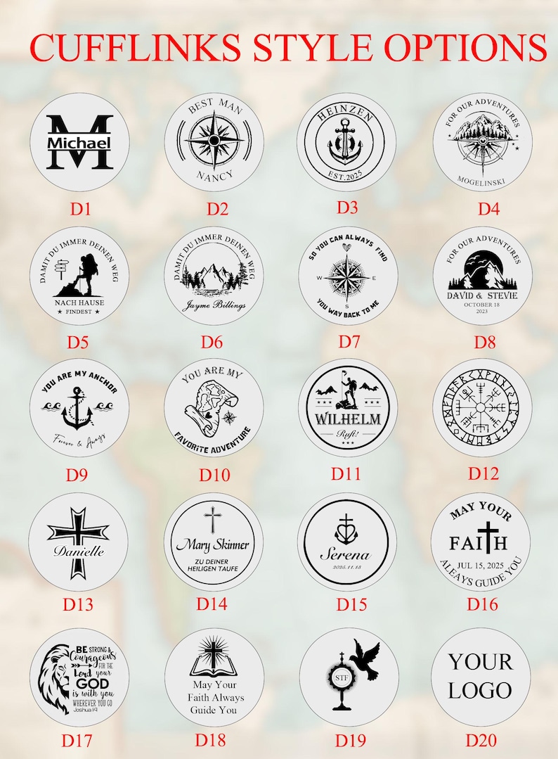 May include: A collection of cufflinks with various designs and text. The cufflinks are round and feature images such as anchors, compasses, and text like "Michael" and "Serena". The text "CUFFLINKS STYLE OPTIONS" is at the top.