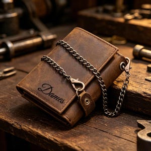 Op de afbeelding: Een bruine leren portemonnee met een ketting, met de naam "Dames" gegraveerd op de voorkant. De portemonnee heeft een drukknoopsluiting en een zilveren ketting voor de veiligheid. Het leer heeft een distressed look.