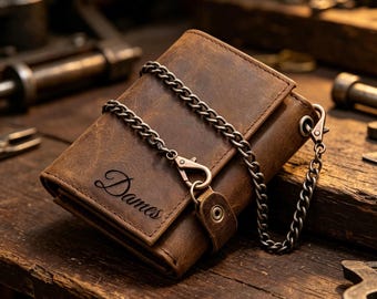Personalized Leather Wallet with Anti-Theft Chain, Handmade Trifold Wallet with Key Holder, Gift for Him, Dad, Husband