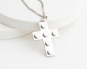 Sterling Silver 3x4 Building Block Cross Pendant – Unique Compatible Brick Design Charm