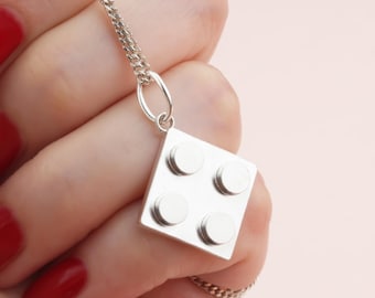 925 Sterling Silver 2x2 Bias Brick Pendant – Compatible Building Block Necklace