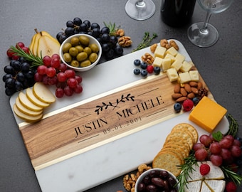 Personalized Marble Wood Charcuterie Board, Engraved Wedding Gift