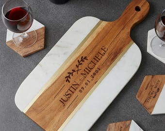 Personalized Acacia Wood Charcuterie Board, Brass Inlay, Wedding Gift