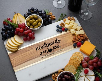Personalized Acacia Wood Charcuterie Board, Marble Chesse Bosrd, Brass Inlay, Wedding Gift