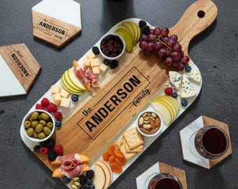 Personalized Acacia Wood Charcuterie Board, Marble Coaster Set