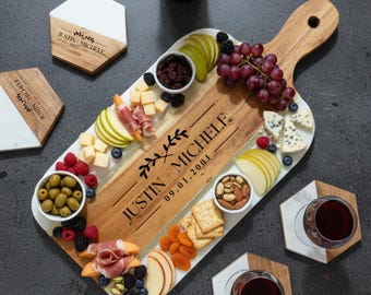 Tagliere per salumi personalizzato in legno di acacia, tagliere per formaggi in marmo ottone
