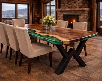 グリーンエポキシリバーウォールナットテーブル - モダンな無垢材ダイニングテーブル