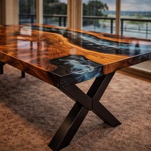 Può includere: Un tavolo da pranzo in legno fatto a mano con finitura lucida. Il piano del tavolo presenta un fiume di resina blu e bianca che scorre attraverso le venature naturali del legno. Il tavolo è sostenuto da una base in metallo nero a forma di X.