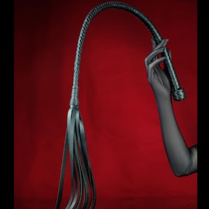 Puede incluir: Látigo de cuero negro con un mango trenzado y una serie de tiras de cuero en el extremo. El látigo se sostiene sobre un fondo rojo.