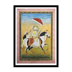 May include: An ornate framed painting depicting a figure on horseback, accompanied by an attendant. The rider wears a yellow garment and a white turban, holding a bird. The horse is black and white. The background features a blue sky and a red and white umbrella.