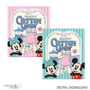 May include: Two rectangular signs featuring Disney Main Street Cotton Candy Bar text, a blue cotton candy cart, and illustrations of Minnie and Mickey Mouse holding pink and blue cotton candy cones. One sign has a pink striped background, the other teal.