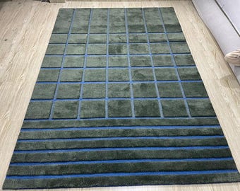 Modern Geometric Hand Loom Knotted Wool Rug | Olive Green & Electric Blue 3D Grid Pattern Area Carpet | Contemporary High Pile Soft Wool Rug