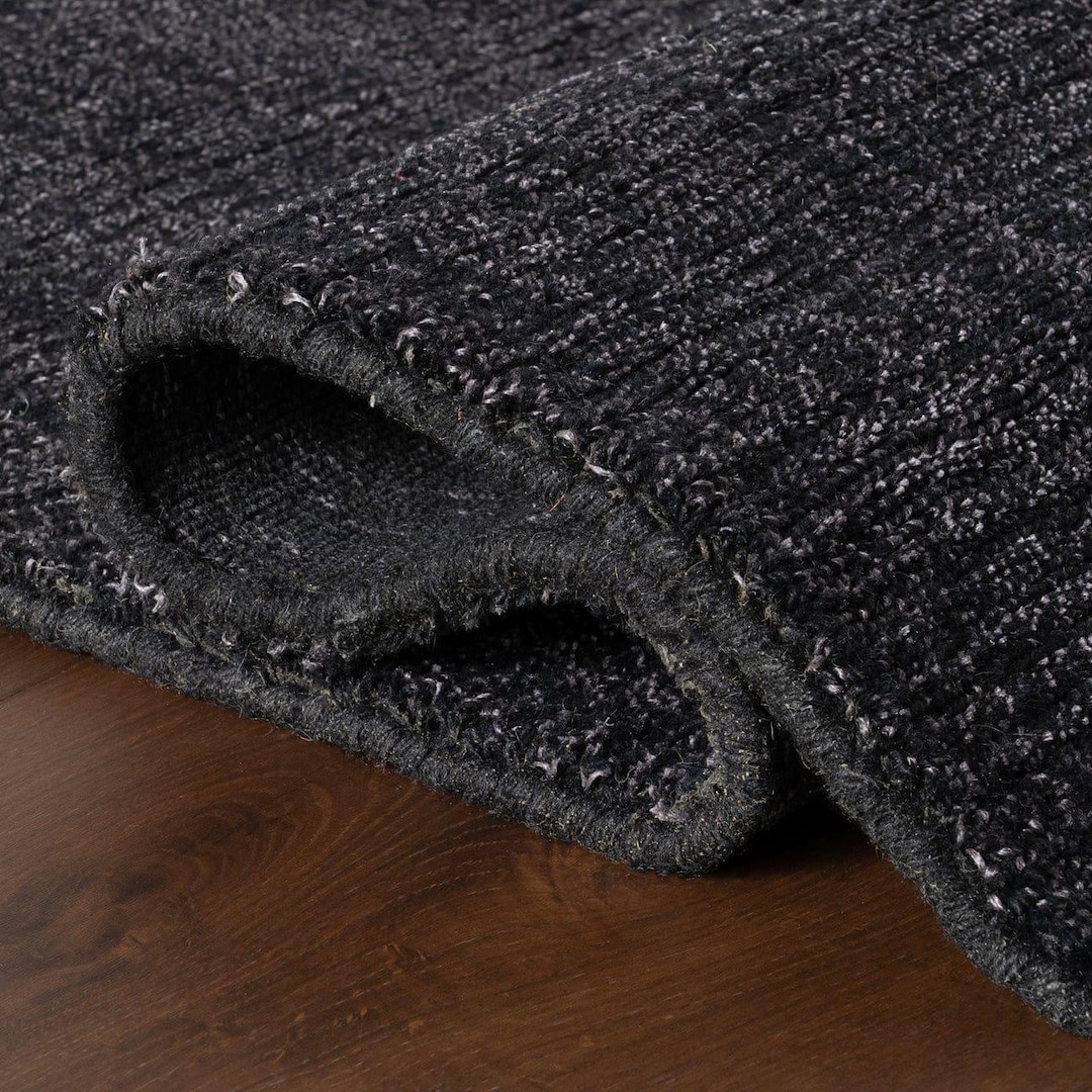 Wool Area Rug 8x10, Modern Black Textured Rug, Handmade Wool Rug, Large ...