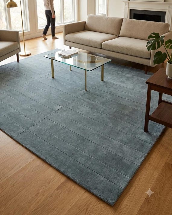 Trace Rug Linen Slate Blue Sculptural Hand-Knotted Wool Rug - Linear Texture 9x12 Rug