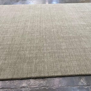 May include: A large, rectangular area rug in a neutral, light green color. The rug has a textured surface with a subtle, linear pattern. The rug is suitable for a living room or bedroom.