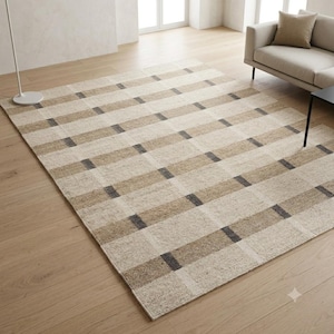 Neutral Beige & Brown Kilim Area Rug, Flatweave Wool Dhurrie 10x10 Handwoven Soumak Rug