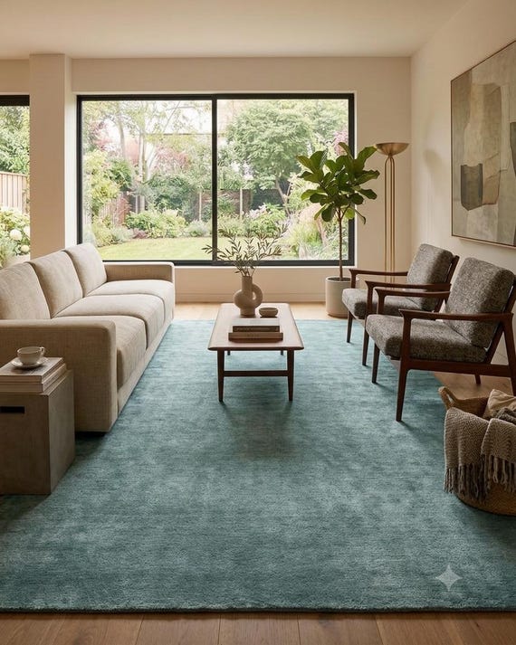 Lake Teal Blue Rug Hand Knotted Wool Rug Solid Modern Minimalist Area Carpet for Living Room 8x10 Rug