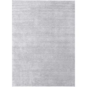 May include: A rectangular, light gray rug with a textured surface. The rug has a subtle, horizontal pattern and a soft, neutral color palette, suitable for various interior design styles. The rug's edges are finished with a thin, white border.