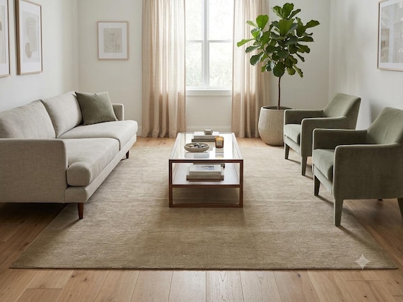 Olive Green Minimalist Carpet Handwoven Wool Rug –  8x10 rug Earthy Soft Sustainable Living Room Decor