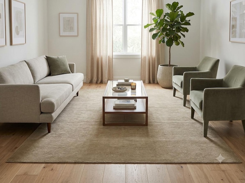 Olive Green Minimalist Carpet Handwoven Wool Rug – 8x10 rug Earthy Soft Sustainable Living Room Decor image 2