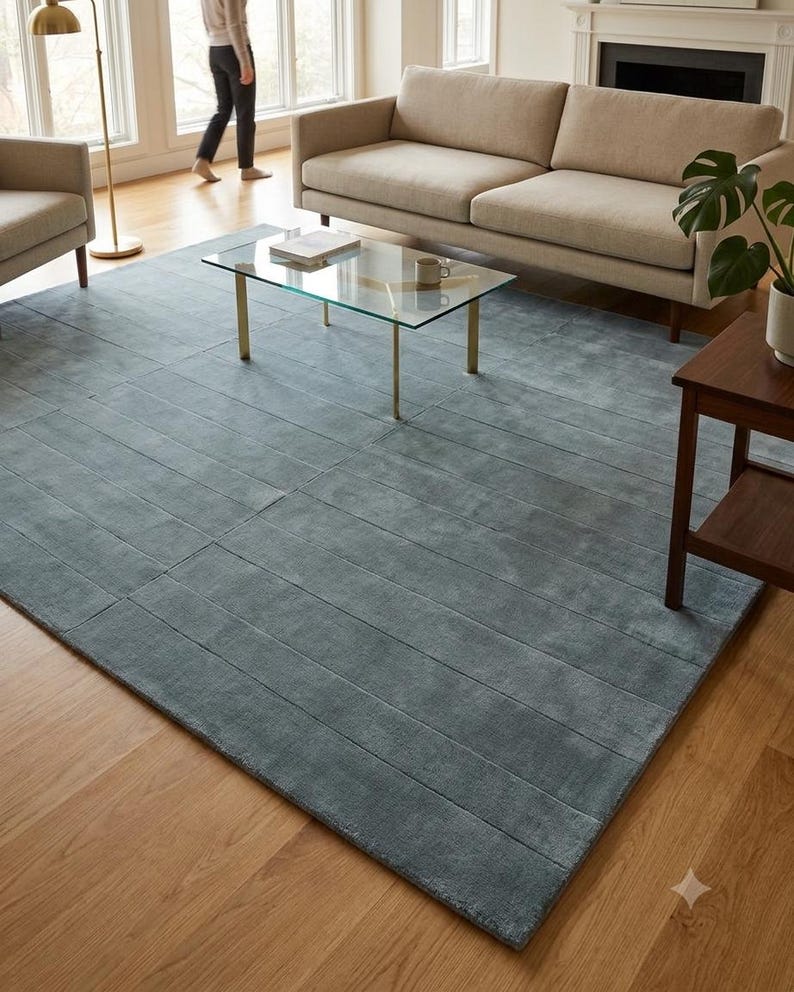 Alfombra Trace Rug de lino azul pizarra, escultural, de lana anudada a mano - Textura lineal, 9x12 imagen 4