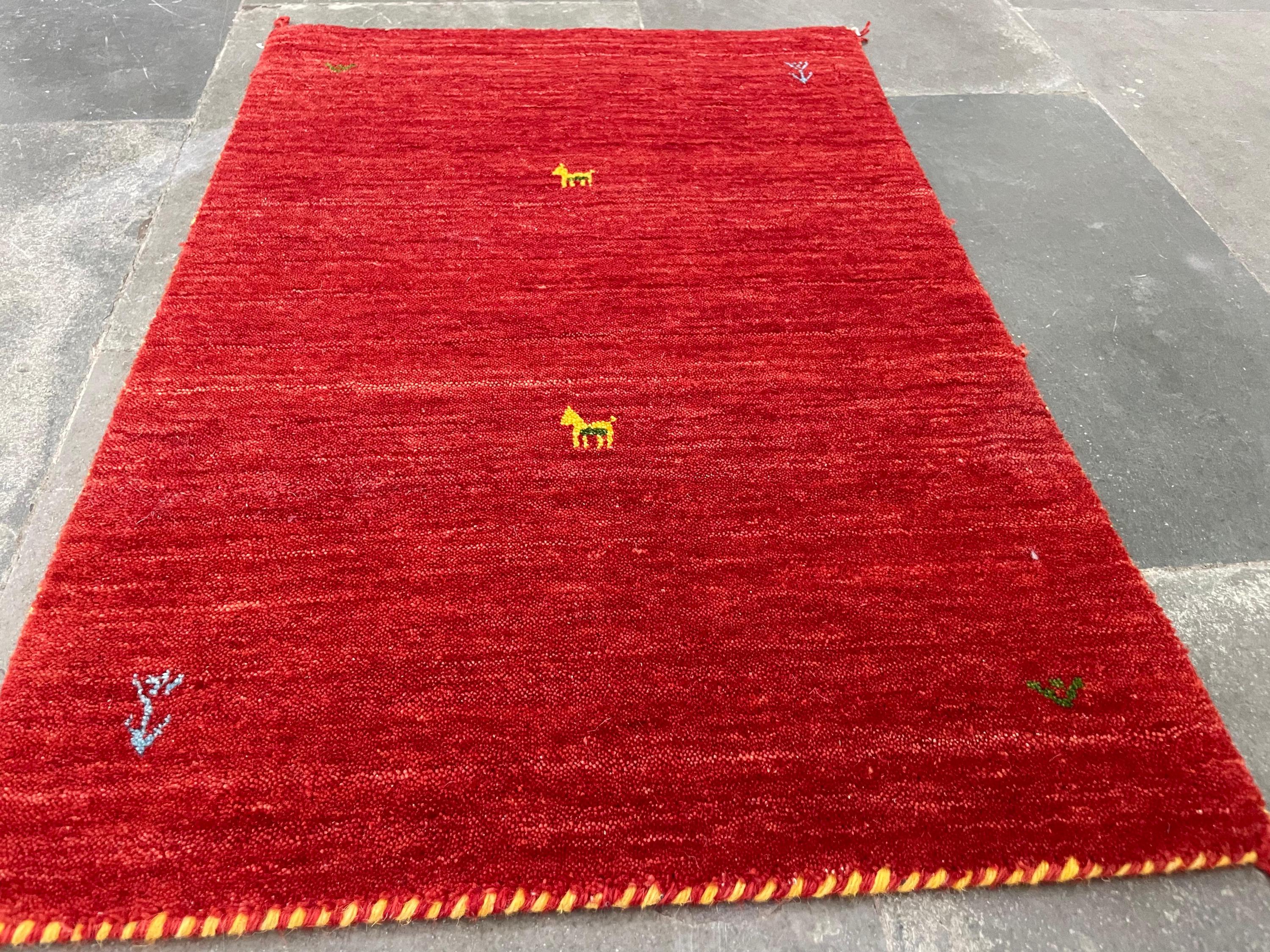 Handmade Red Gabbeh Wool Rug | Tribal Animal Motif Soft Carpet | Rustic ...