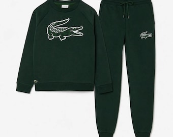 Mens Lacoste Style Dark Green Tracksuit Sweatshirt Joggers Sweatsuit Crocodile Graphic Streetwear Gift Set