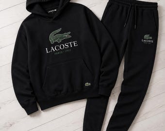 Mens Lacoste Style Black Tracksuit Sweatshirt Joggers Sweatsuit Crocodile Graphic Streetwear Gift Set