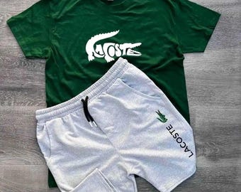 Mens Lacoste Inspired Green White T Shirt Shorts Set Cotton Summer Outfit Streetwear Beach