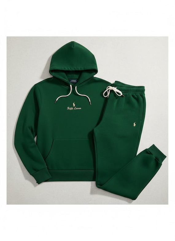 Mens Green Printed Fleece Tracksuit Hoodie Jogger Set Polo Style Minimal Streetwear Outfit Men