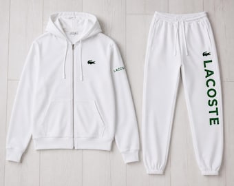 Mens Lacoste Style White Tracksuit Sweatshirt Joggers Sweatsuit Crocodile Graphic Streetwear Gift Set