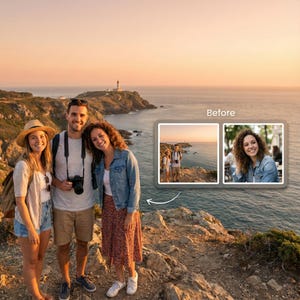 May include: Three people smiling and posing for a photo on a cliff overlooking the ocean. One person is holding a camera. The background shows a lighthouse and the text "Before". The sky is a warm orange color.
