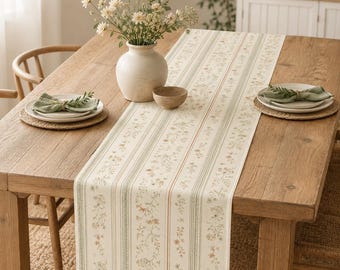 Cream Wildflower Table Runner, Sage Green Floral Stripe, Cottage Farmhouse Dining Decor, 13×72/90 & 16×72/108 Inch
